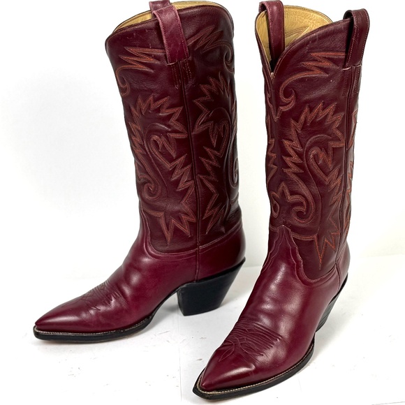 Handmade Austin-Hall Cowboy Boots - Wmns Sz 9B - Burgundy 14" Tall Pointy Toe - Picture 11 of 16